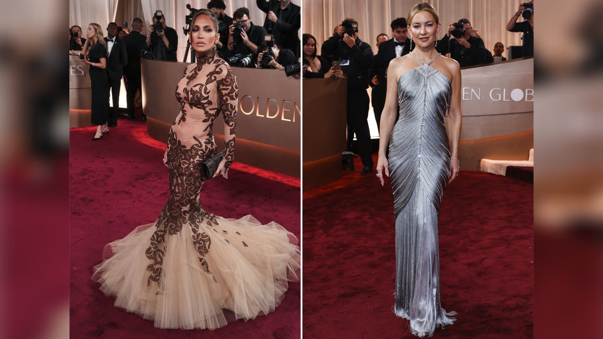 Jennifer Lopez wählte ein transparentes Kleid mit Tüllrock, während Kate Hudson mit ihrer schimmernden Robe ein Statement setzte.