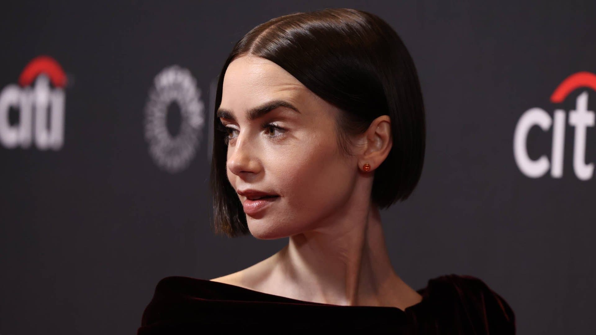 "Emily in Paris" star Lily Collins with her individual version of the asymmetrical bob cut.