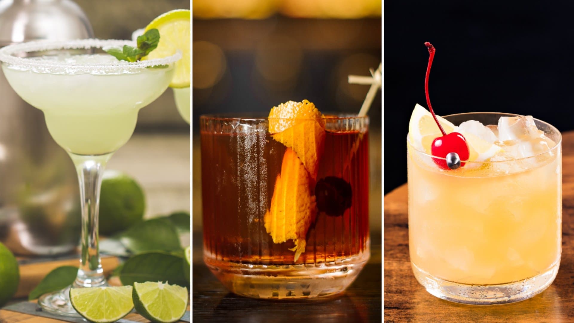 Drei Gastgeberländer, drei Cocktail-Klassiker: Margarita, Old Fashioned, Whiskey Sour.
