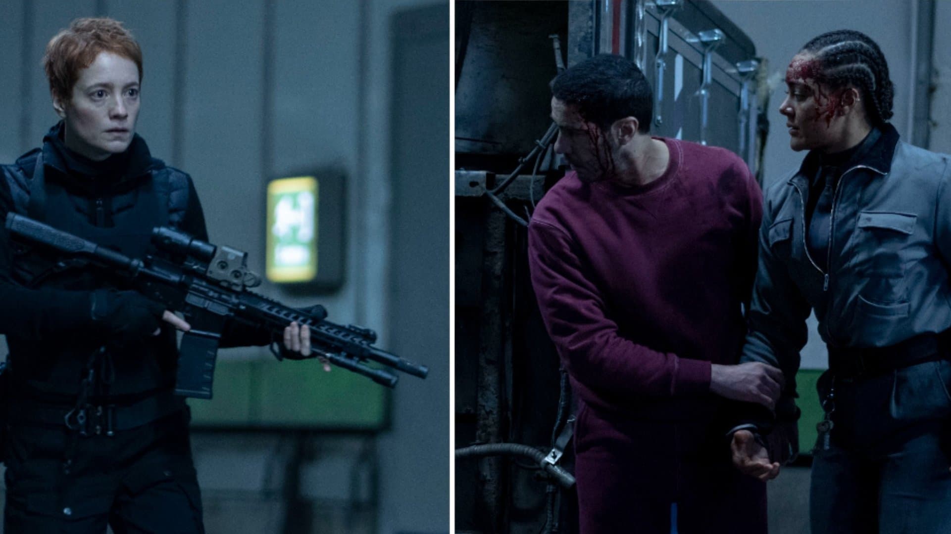 In "Prisoner - Auf der Flucht" werden Tibor Stone (Tahar Rahim) und Amber Todd (Izuka Hoyle, r.) von der Killerin Nina (Leonie Benesch, l.) gejagt.