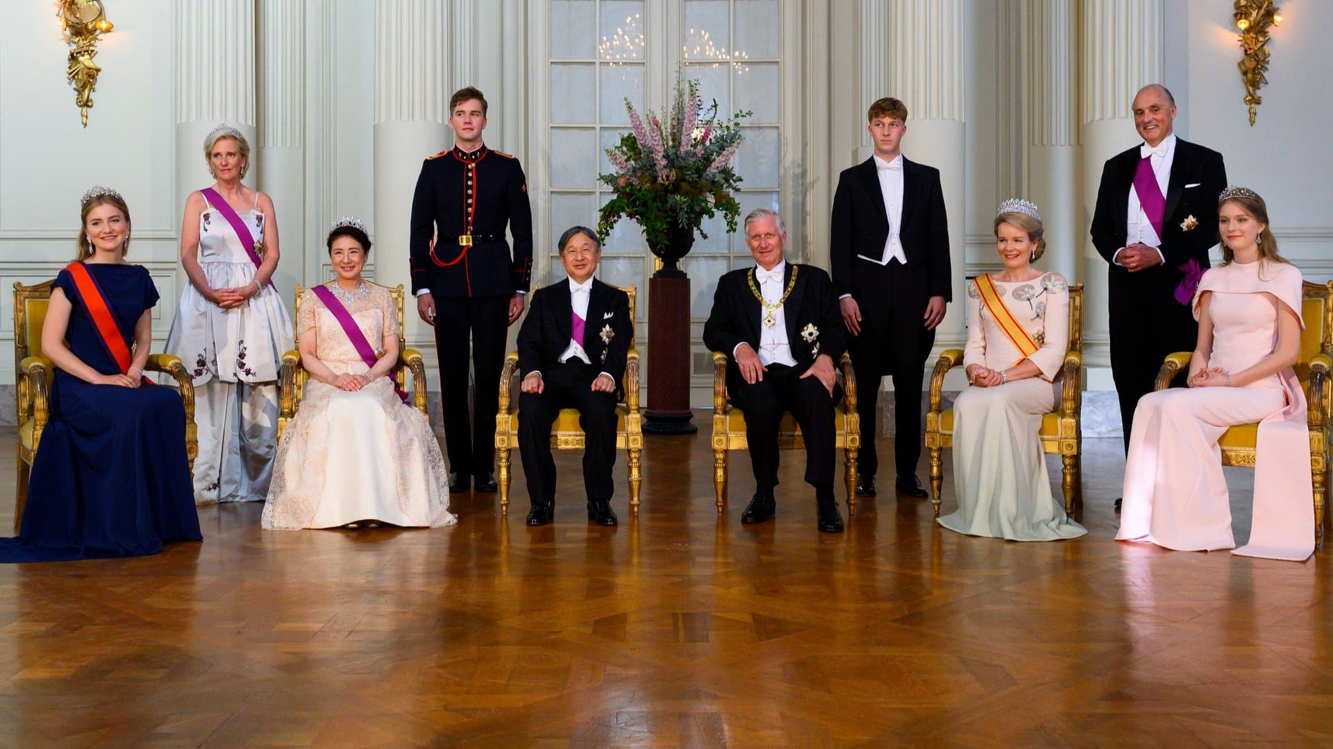 The complete Belgian royal family appeared at the state banquet for the Japanese imperial couple.