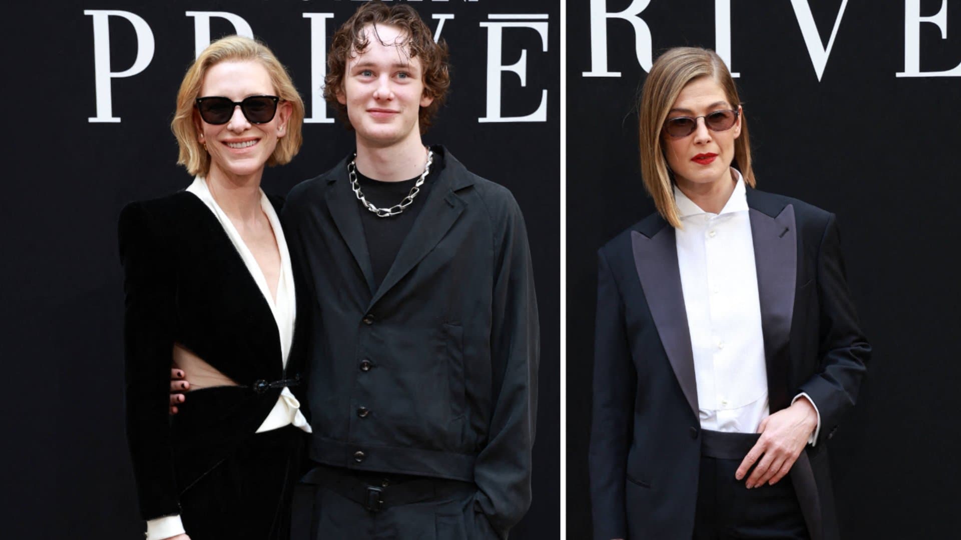 Cate Blanchett, Ignatius Martin Upton und Rosamund Pike im auffallenden Schwarz-Weiß-Look bei der Giorgio-Armani-Show.