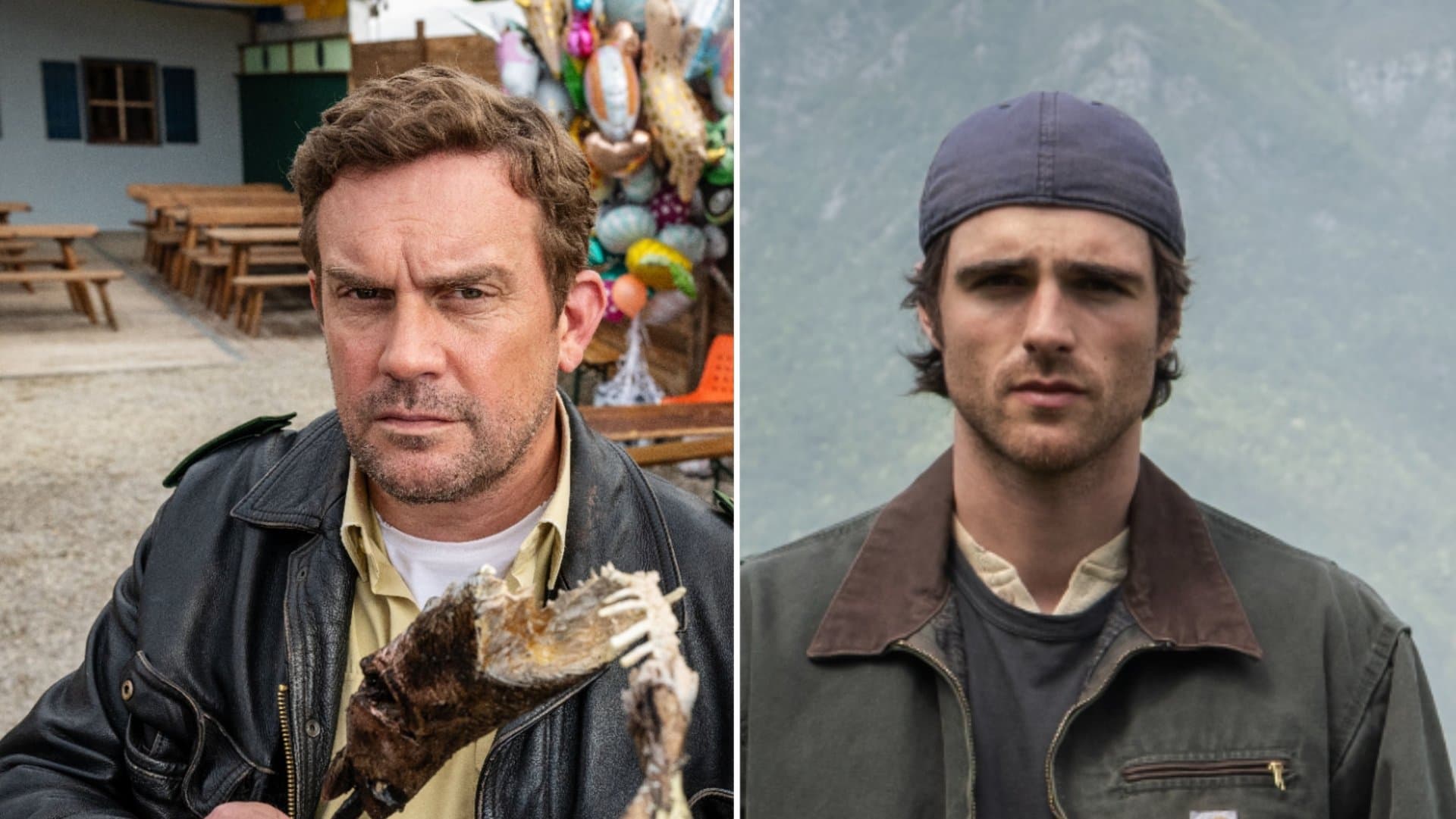 Sebastian Bezzel (l.) is stuck in the "Steckerlfischfiasko," Jacob Elordi in the post-apocalypse.