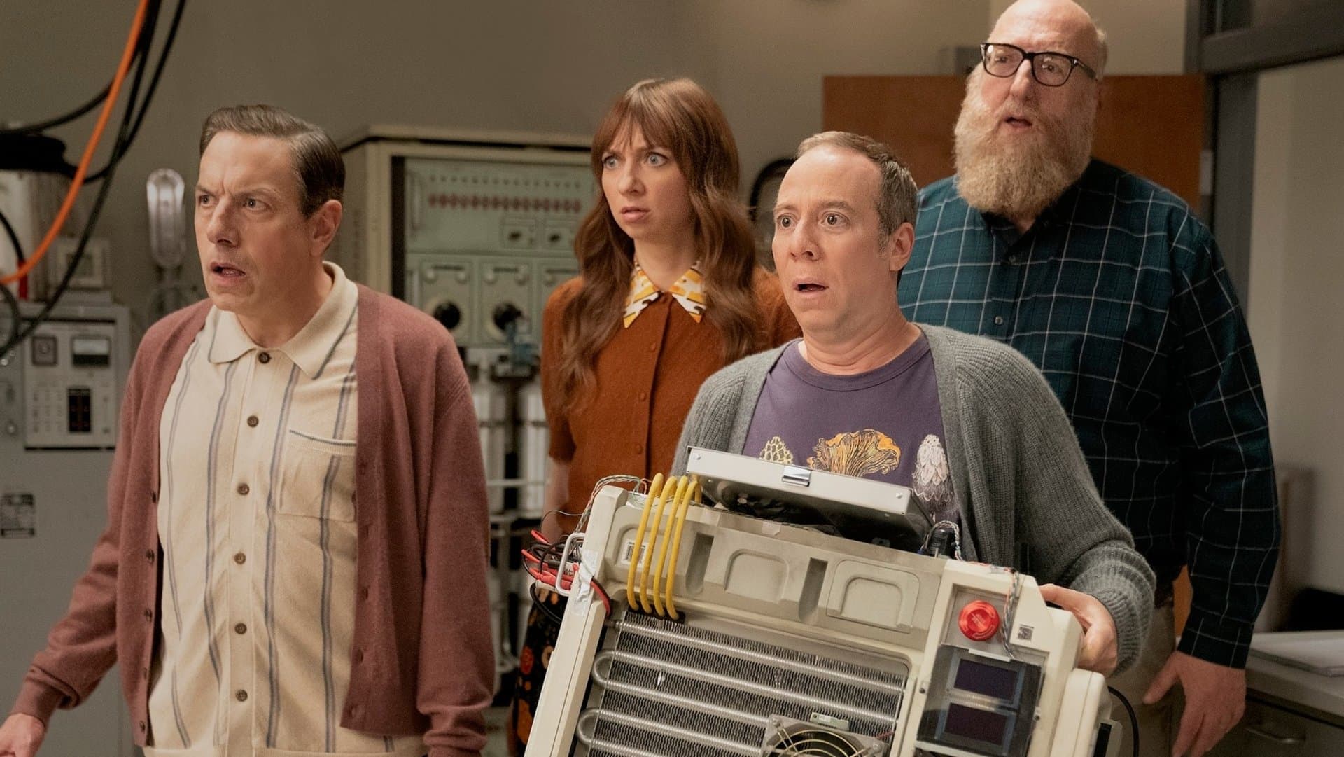 John Ross Bowie, Lauren Lapkus, Kevin Sussman and Brian Posehn (l. to r.) in "Stuart Fails to Save the Universe".