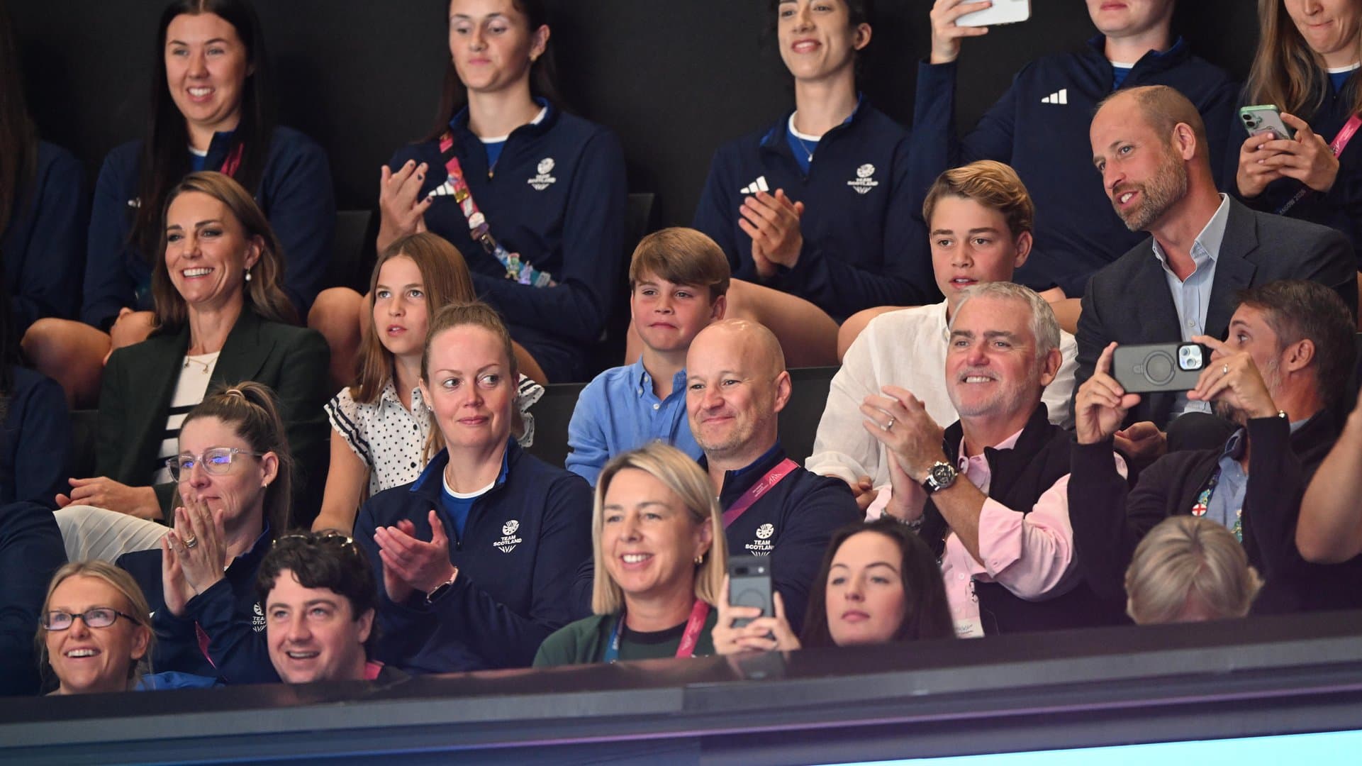 Kate, Charlotte, Louis, George, and William (from left) at the Commonwealth Games in Glasgow.