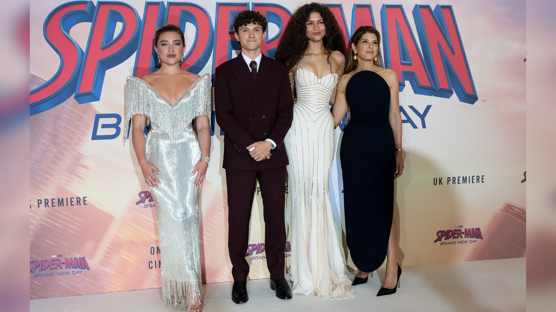 Florence Pugh, Tom Holland, Zendaya und Marisa Tomei (v.l.) bei der "Spider-Man: Brand New Day"-Premiere in London.
