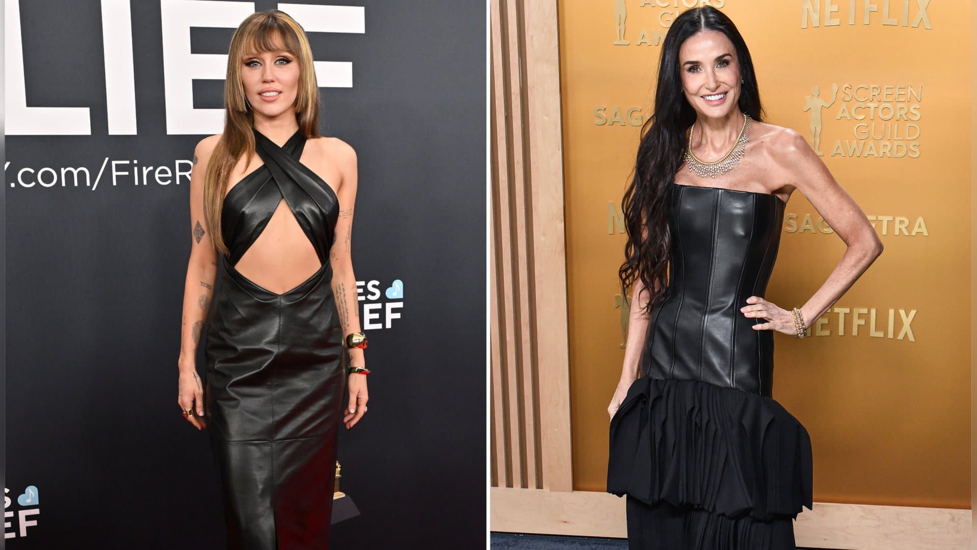 Miley Cyrus und Demi Moore sind dem Leder-Look bereits verfallen. Während die "Flowers"-Sängerin in ihrem Kleid mehr Haut zeigte, entschied sich Demi Moore für eine elegantere Variation.