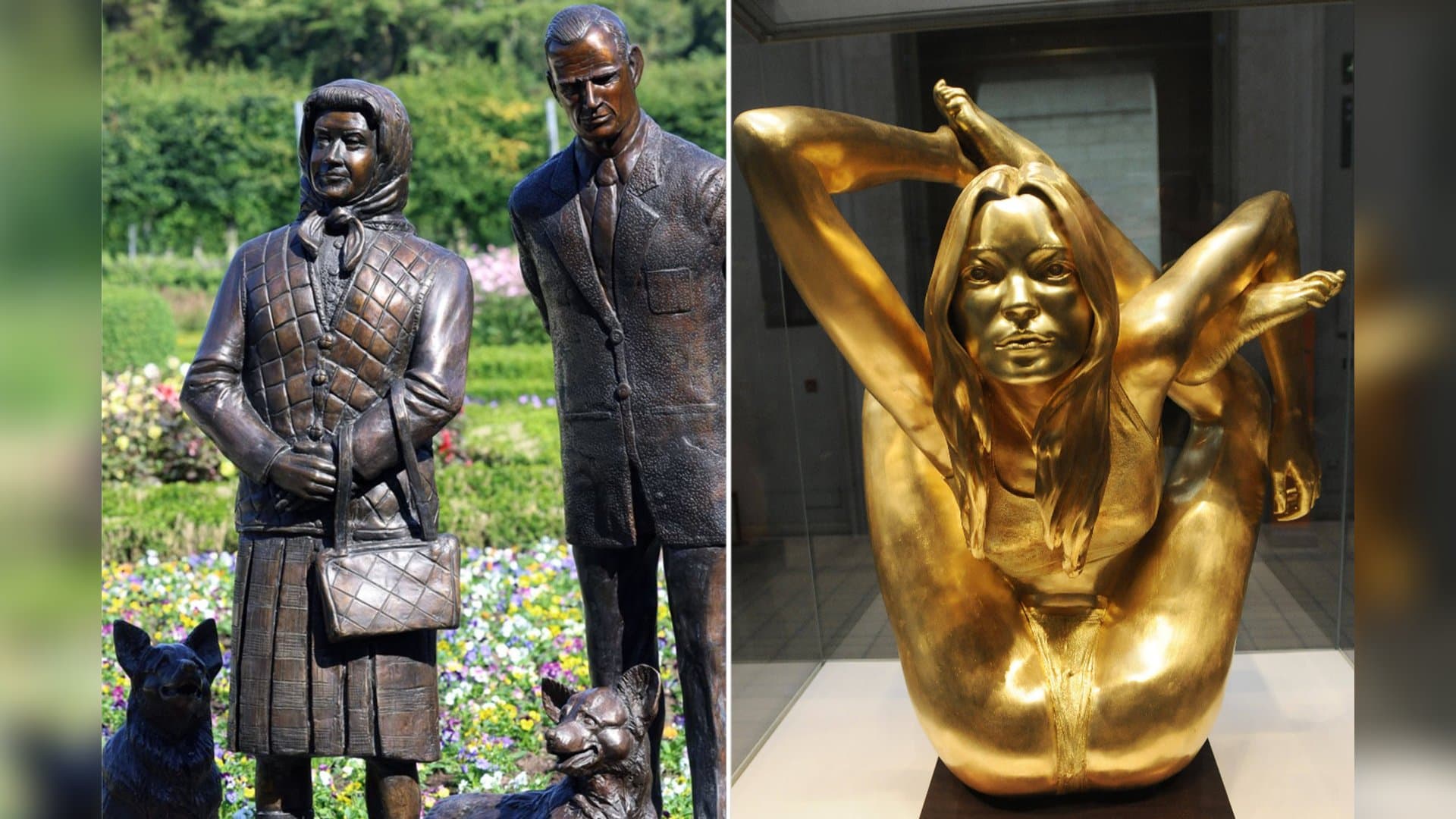 Manche Statuen lassen nur mit viel Fantasie auf ihre Vorbilder schließen. Während das bei Queen Elizabeth II. und Prinz Philip leichter gelingt, wirft die Goldskulptur mehr Fragen auf. Sie zeigt Kate Moss, wie sie sich akrobatisch verrenkt.