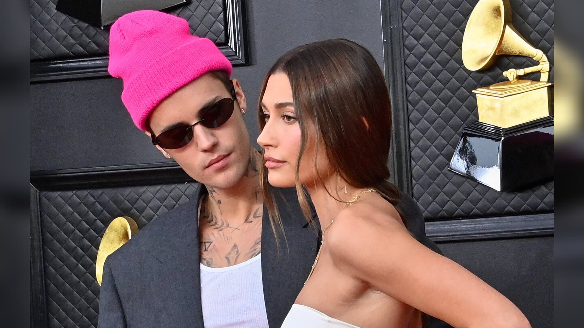 Justin Bieber and Hailey Bieber at a joint appearance on the red carpet.