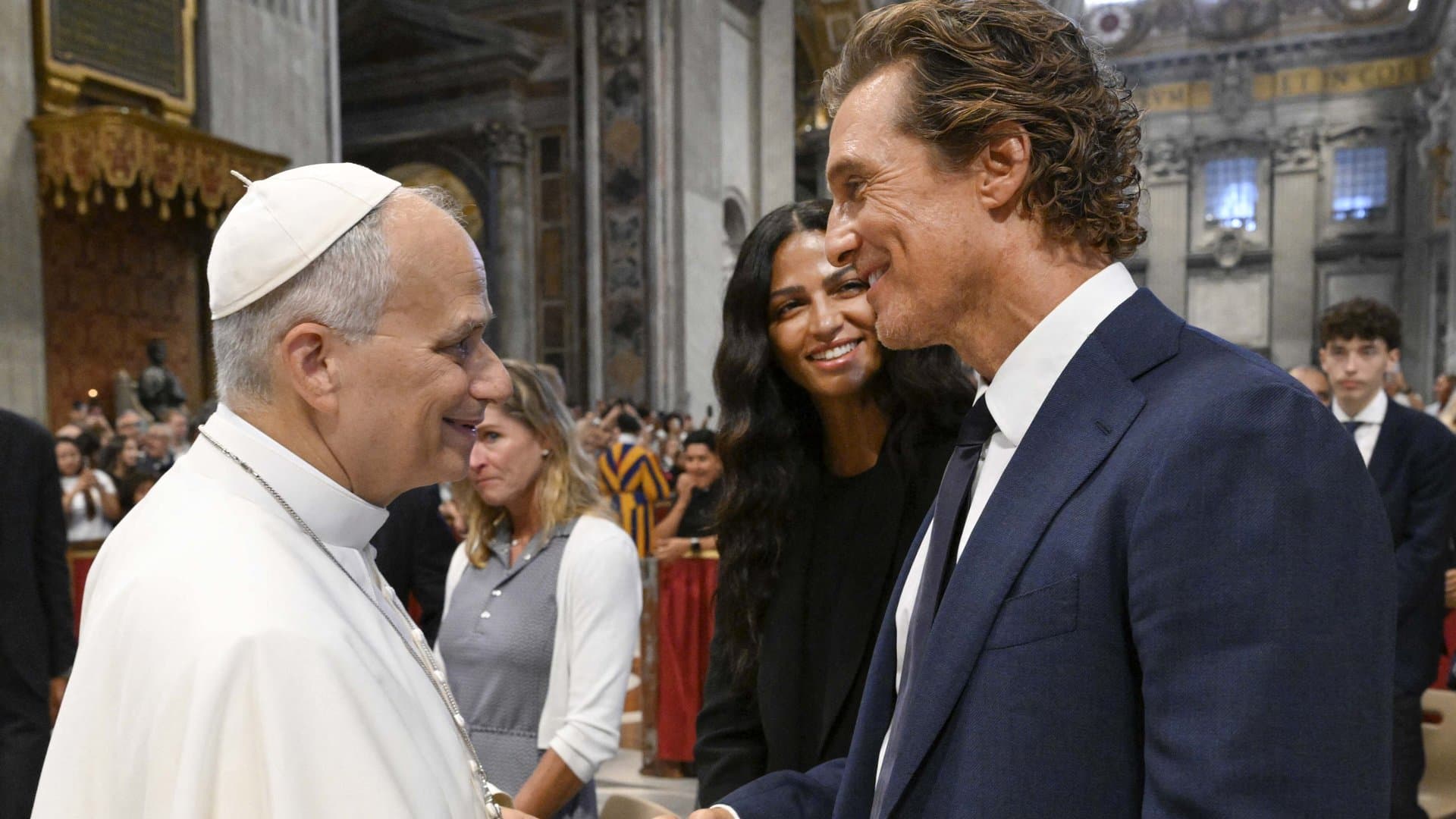 Pope Leo XIV welcomes Matthew McConaughey and Camila Alves to the Vatican.