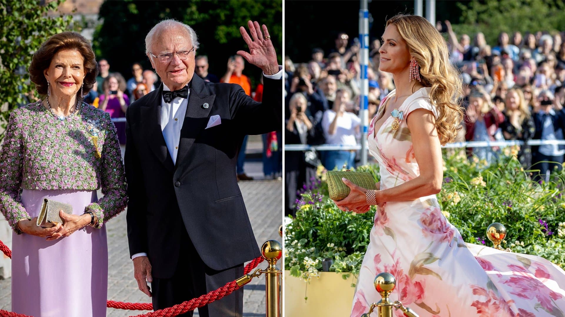 Queen Silvia and King Carl XVI Gustaf in glamorous evening looks and Princess Madeleine (r.) in a gown from her mother's wardrobe.