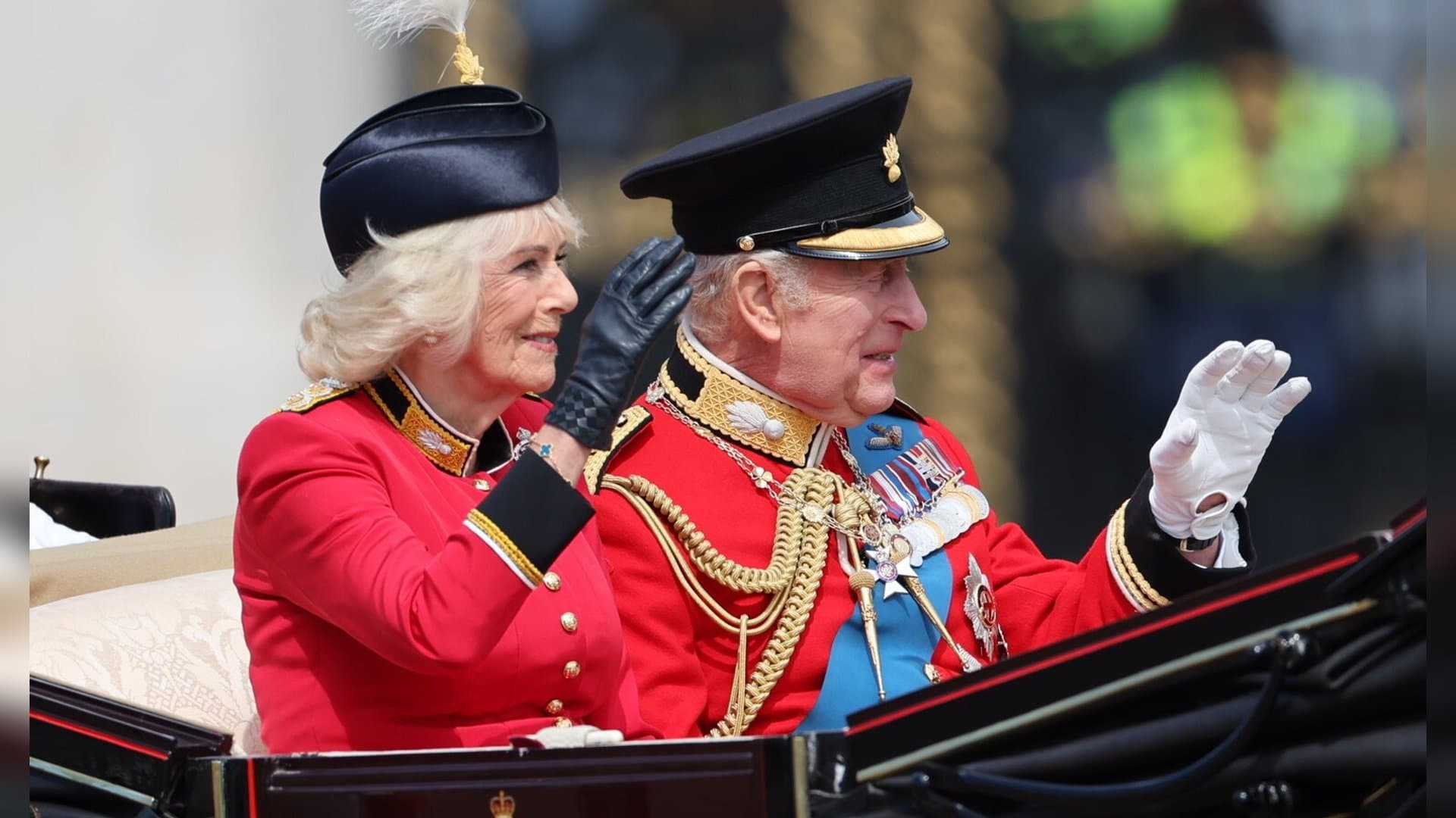 King Charles and Queen Camilla in bright red at "Trooping the Colour".