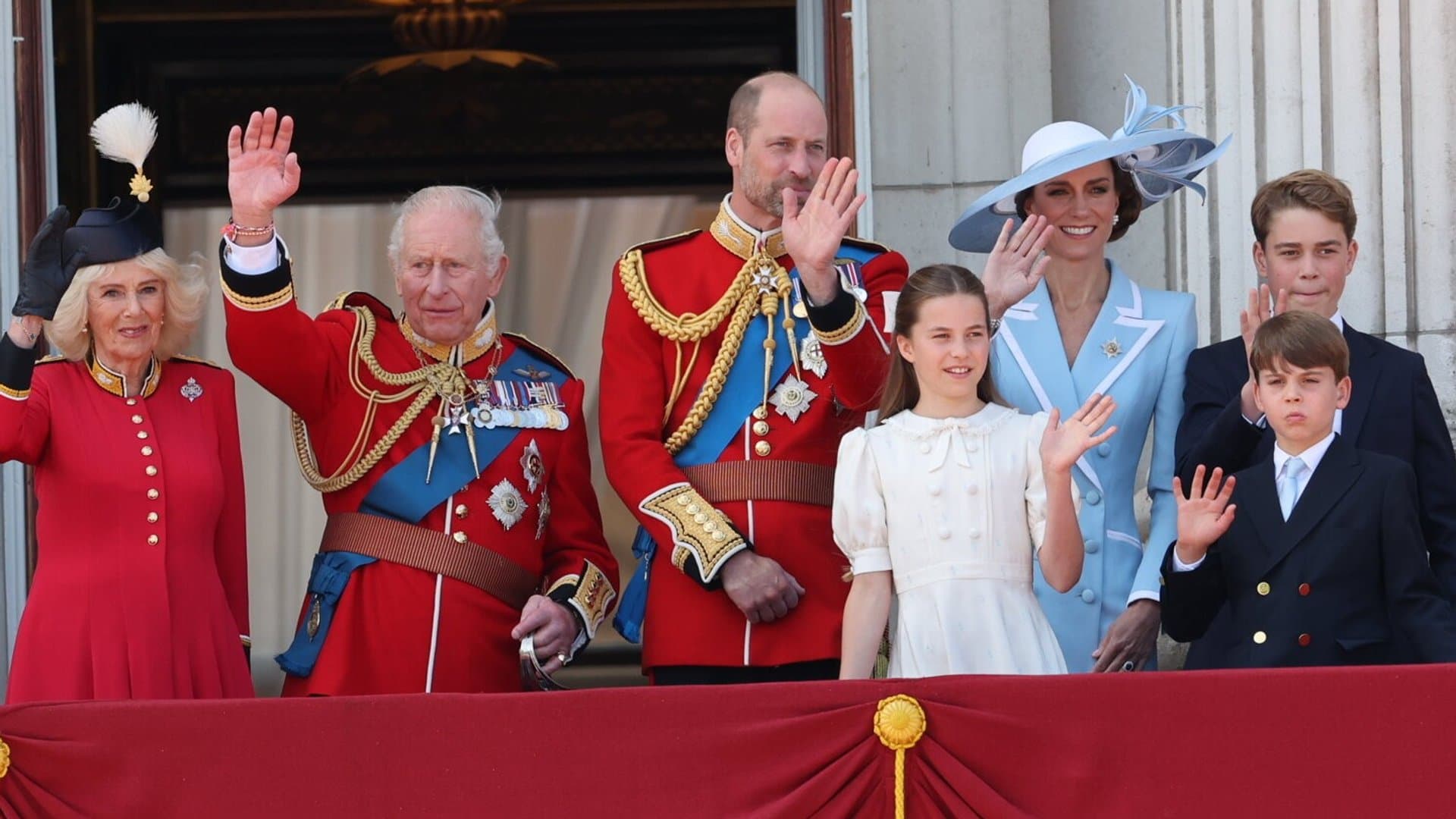Trooping the Colour (from left): Queen Camilla, King Charles, Prince William, Princess Charlotte, Princess Kate, Prince Louis and Prince George behind them.