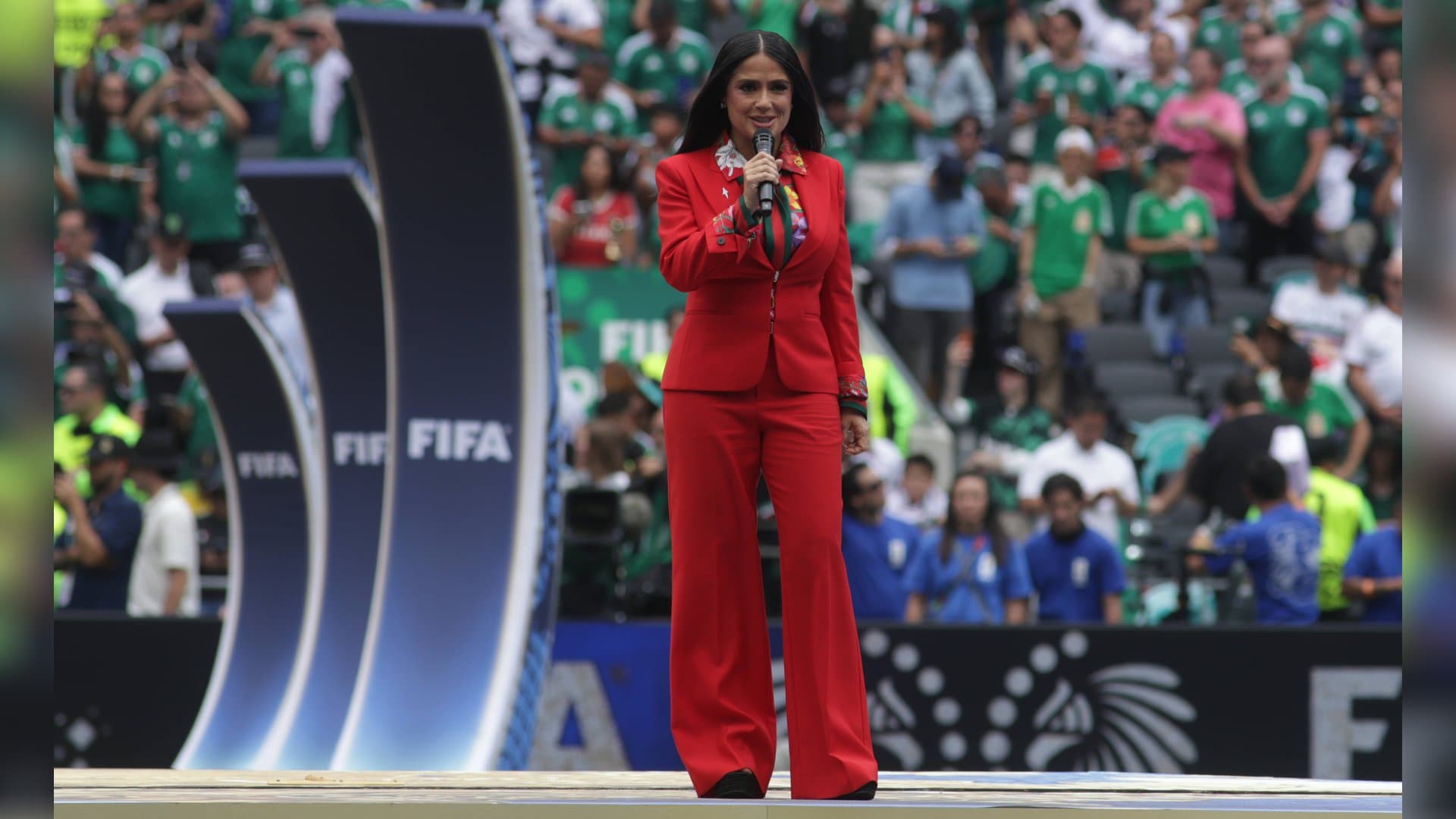 Actress Salma Hayek delivered a speech at the opening of the World Cup.