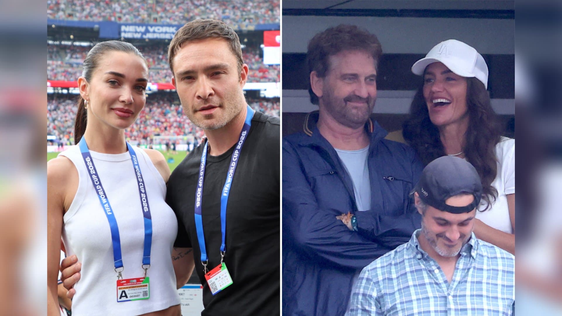 From left: Ed Westwick and Amy Jackson as well as Gerard Butler and Morgan Brown at the stadium.
