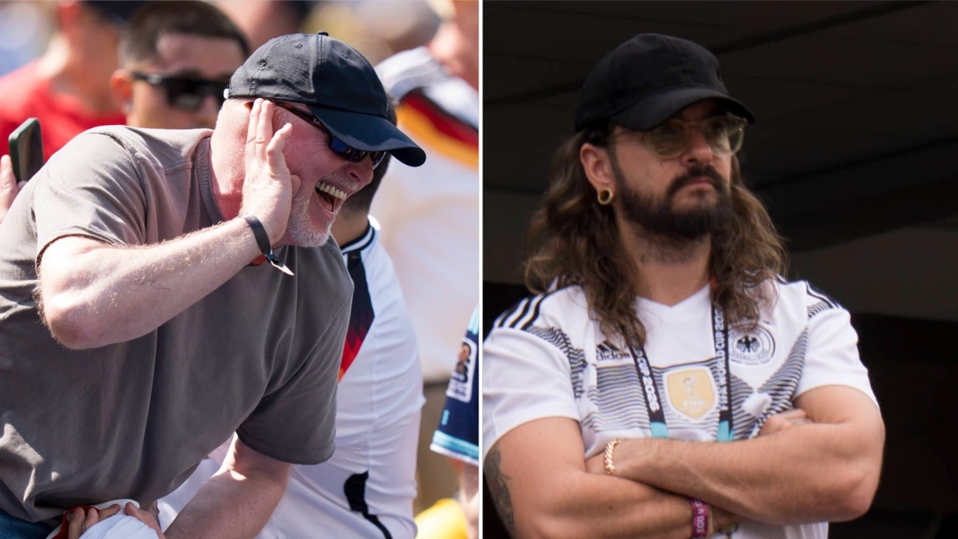 Same headwear, different moods: Stefan Raab (l.) and Tom Kaulitz at the German national team's match against Ecuador.