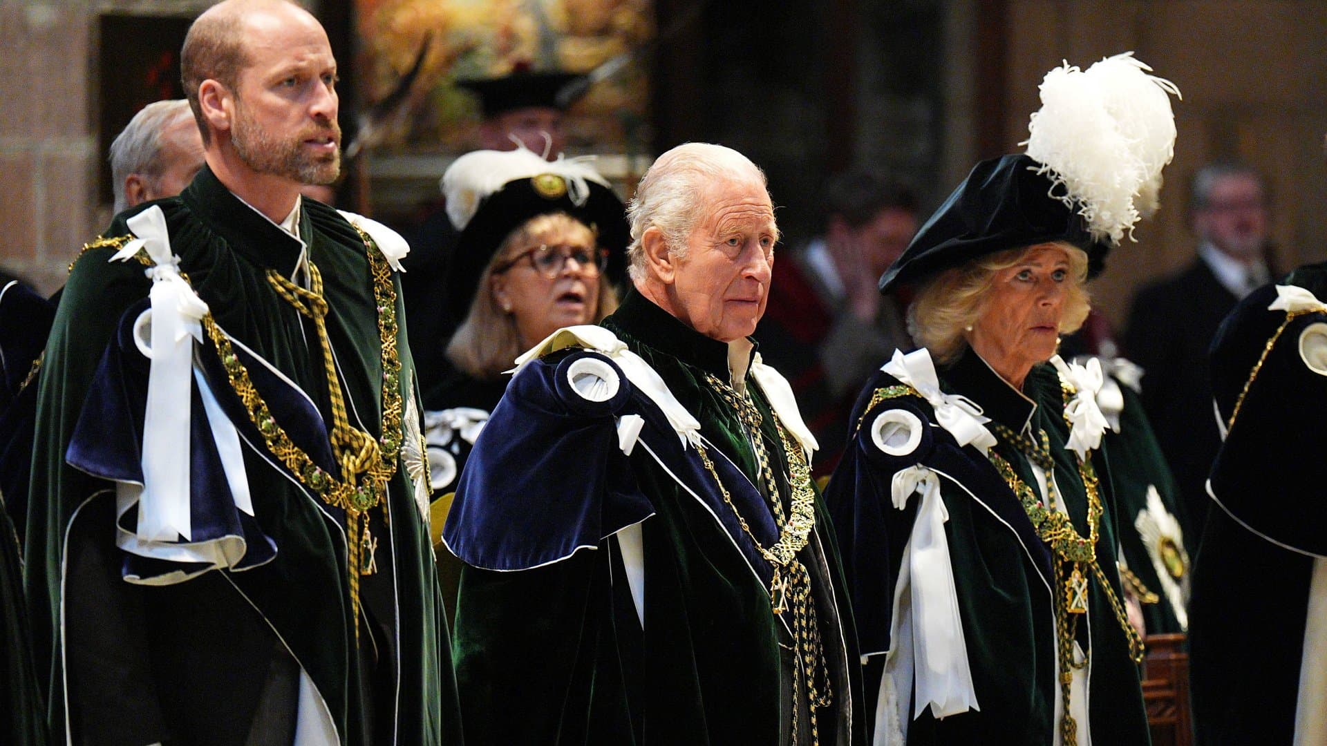 The royal couple appeared with Prince William (l.) at the Order of the Thistle service in Edinburgh.