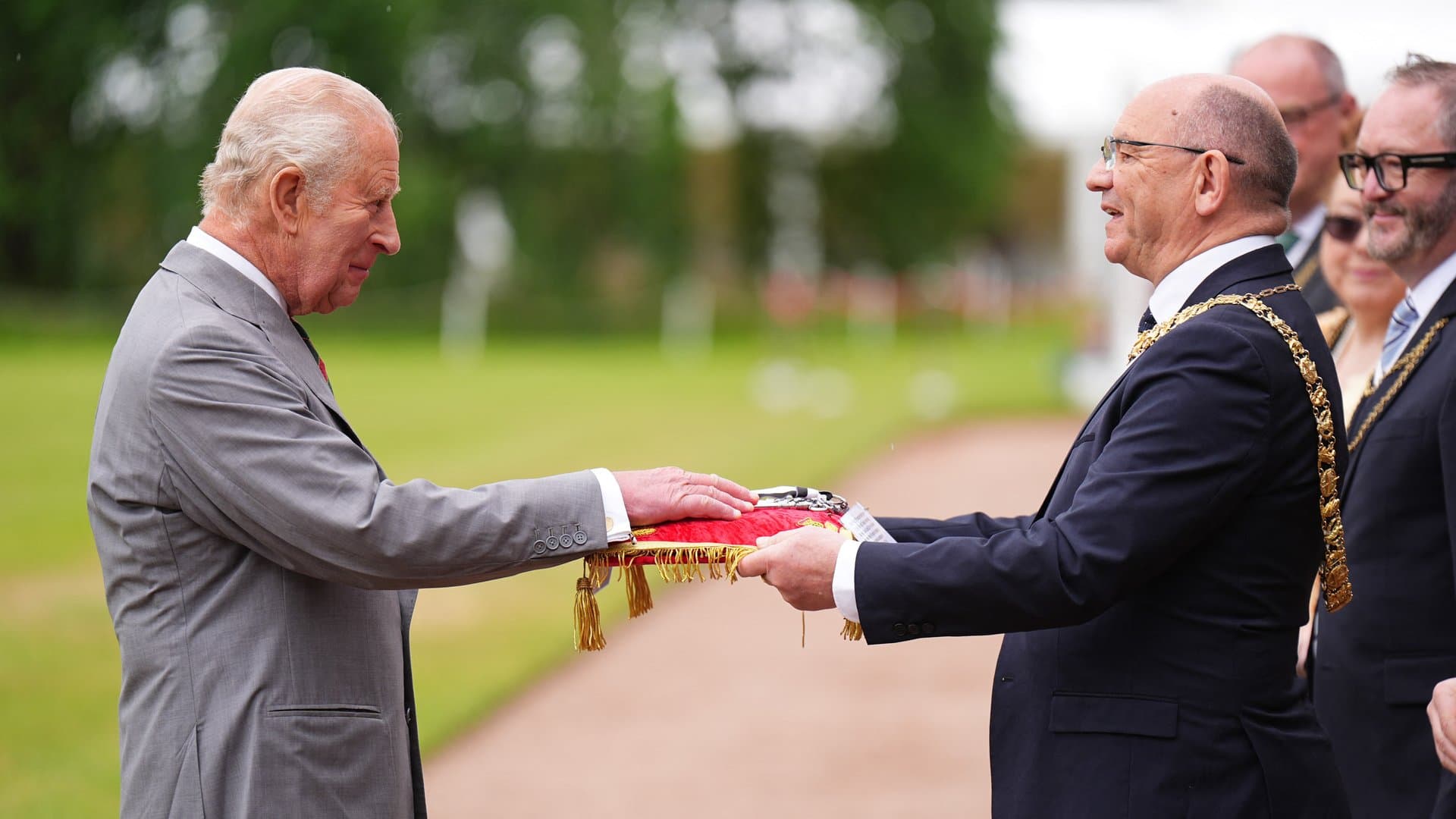 King Charles III (left) and Robert Aldridge at the Ceremony of the Keys.