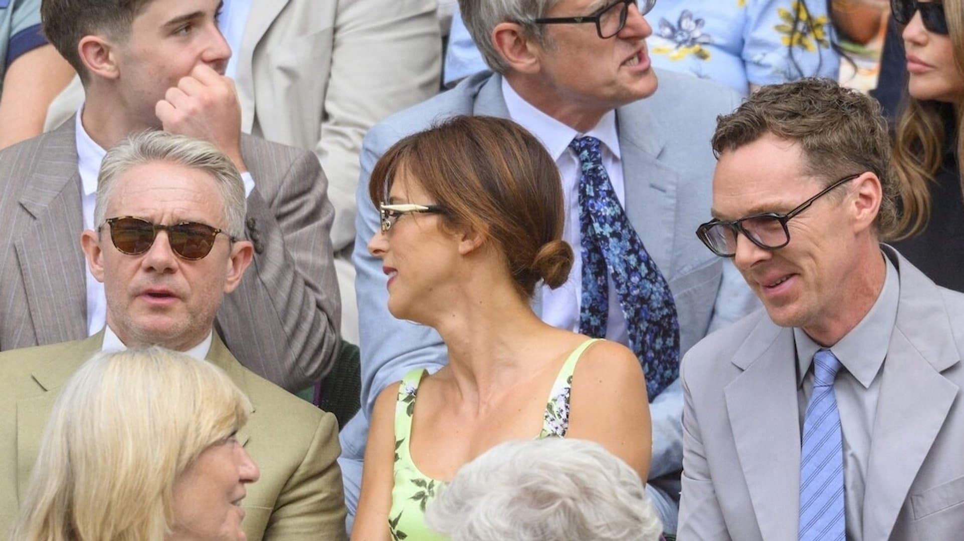 Benedict Cumberbatch (right) next to his wife Sophie Hunter and Martin Freeman at the Wimbledon semifinal.