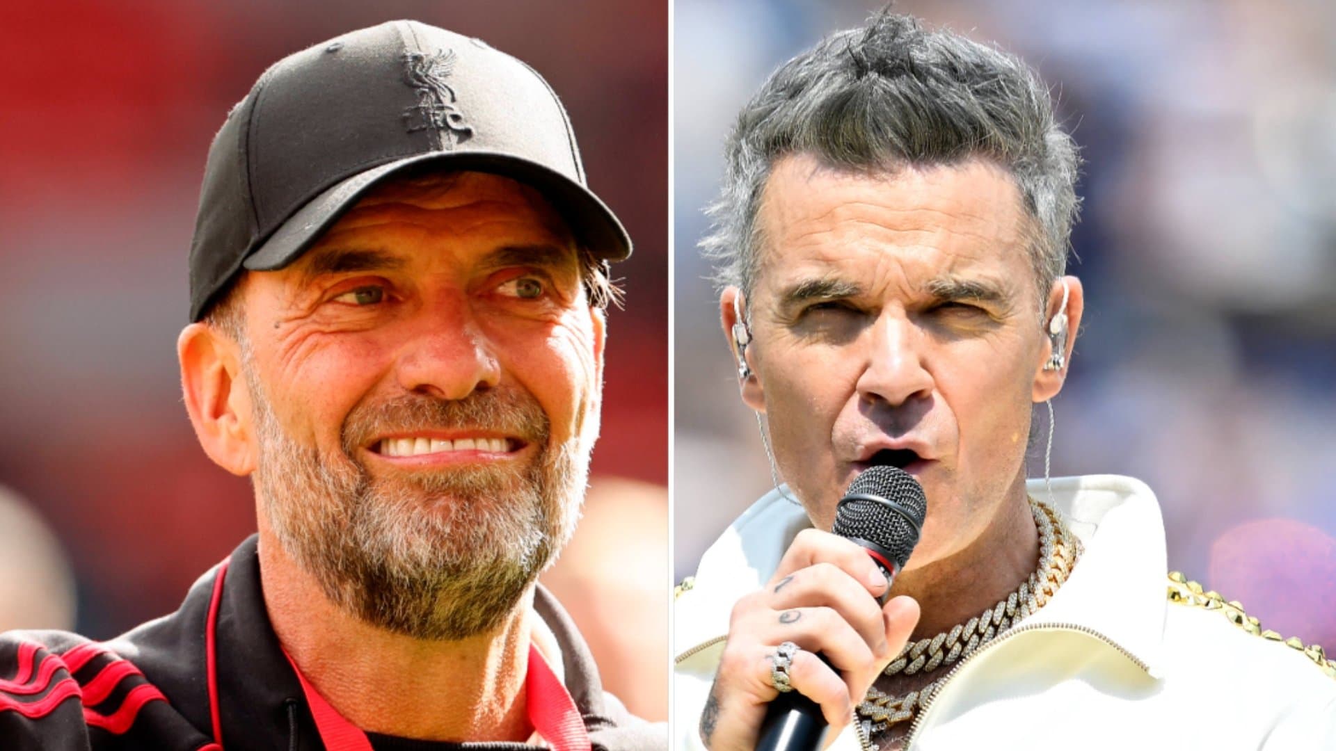 Jürgen Klopp (l.) and Robbie Williams created a memorable TV moment in the night to Monday.
