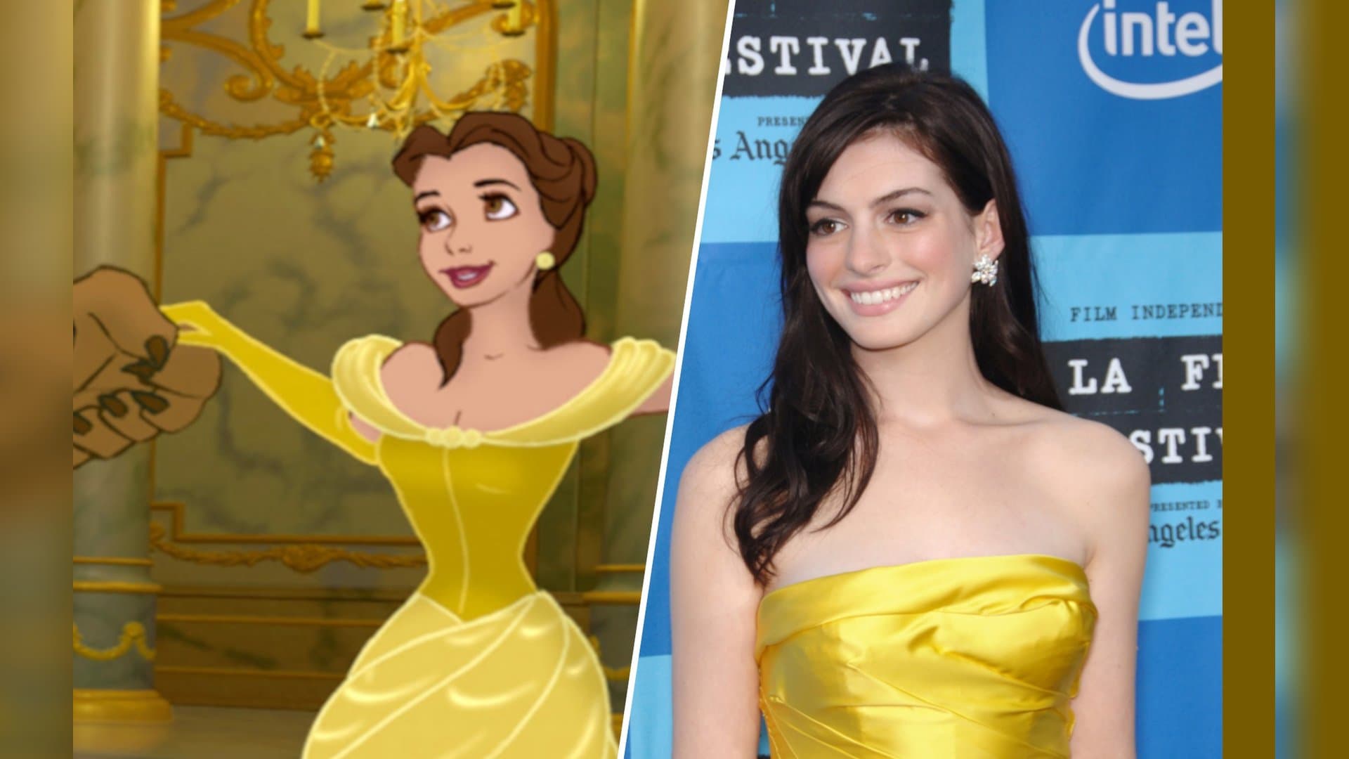 Im gelben Kleid könnte Anne Hathaway glatt als Belle aus "Die Schöne und das Biest" durchgehen. Auch andere Stars sehen bekannten Disney-Figuren verblüffend ähnlich.