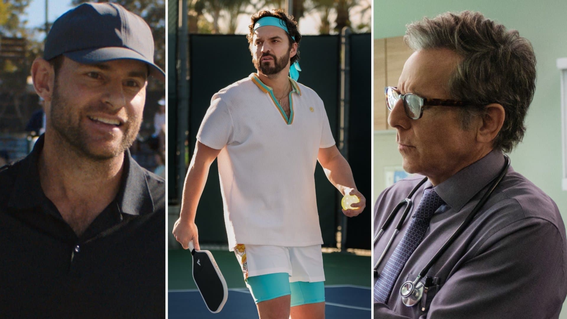 Jake Johnson (M.) spielt in der Komödie "The Dink" die Hauptrolle. Ex-US-Tennisstar Andy Roddick (l.) ist als er selbst mit von der Partie und Ben Stiller spielt einen Arzt.